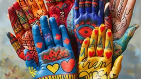 Six hands painted in vivid colours showing thanks