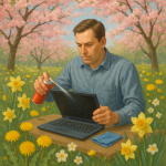 A man incorrectly cleans his computer whilst surrounded by springtime flowers.