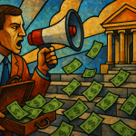 Defamation Management Header Image. A man holding a megaphone spilling cash over the steps of a court in the style of stained glass.
